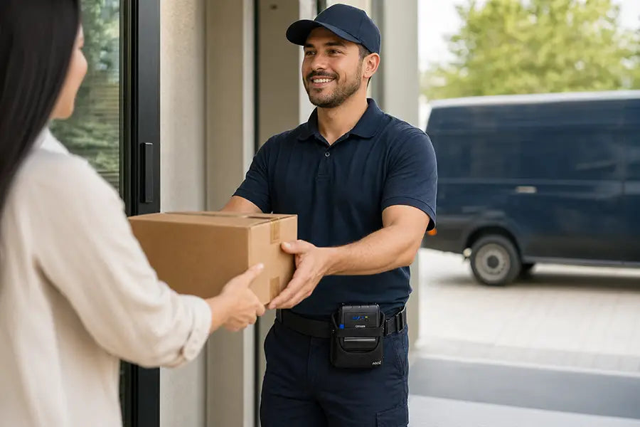 Delivery worker wearing an Agoz Citizen mobile printer belt while handing a package to a customer