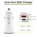 38W iMin POS car charger showing dual charging ports, including an 18W USB-A Quick Charge 3.0 port and 20W USB-C Power Delivery port.