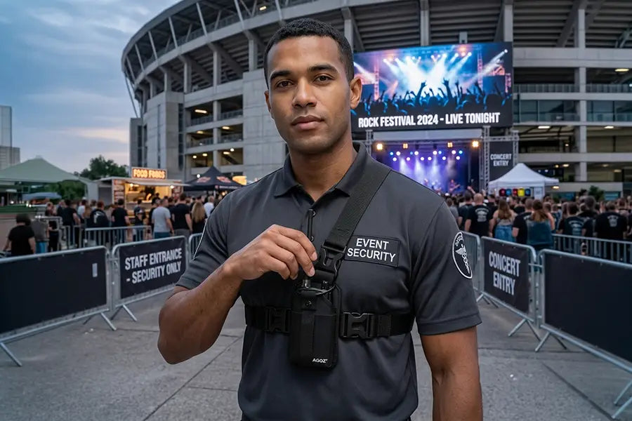 Security worker wearing chest harness pouch for Cobra two-way radio outside a concert venue