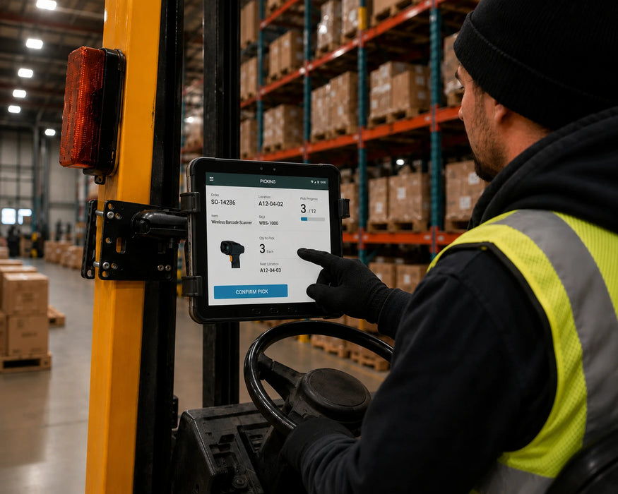 Person operating a forklift with a samsung galaxy tab active in a warehouse setting