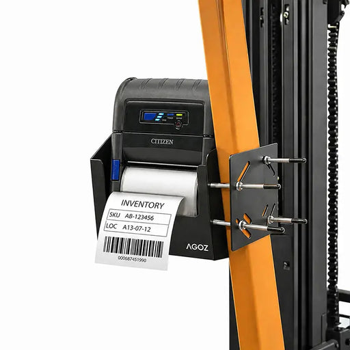 Agoz metal forklift holder with Citizen mobile printer mounted to a forklift pillar for warehouse label printing