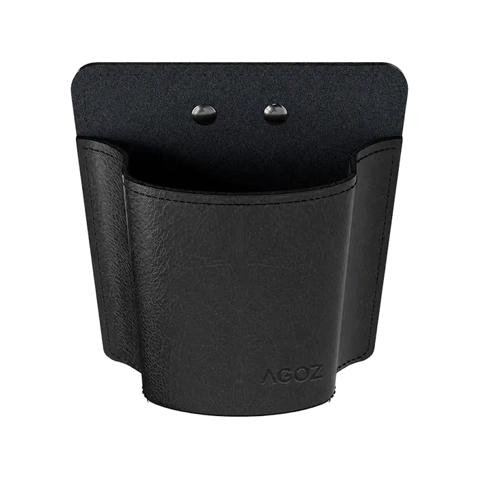Front view of empty black leather mobile computer holster with open top, rear backing panel, and side guards.