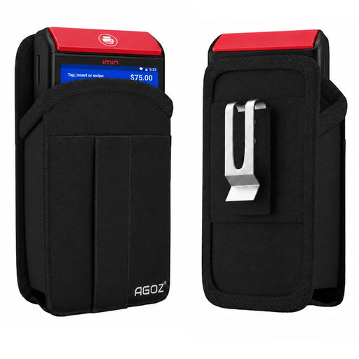 Front and rear views of Agoz rugged black iMin Swift POS terminal holster with protective fabric construction and secure metal belt clip.