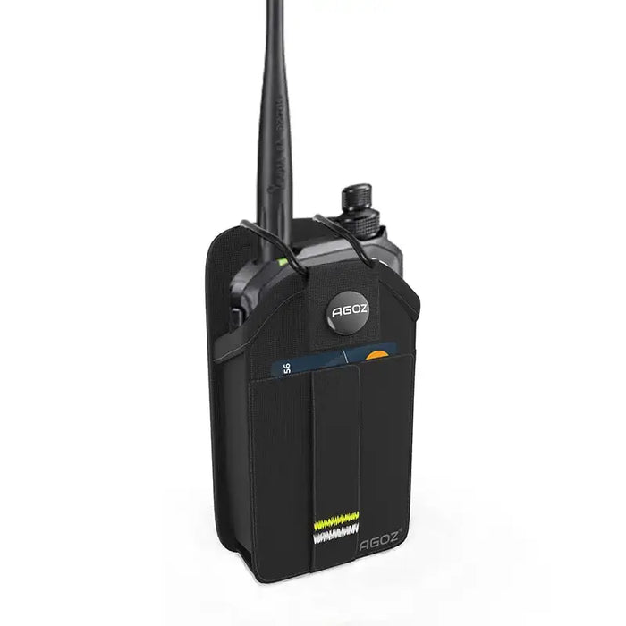 Icom radio carried in AgozTech Rugged Radio Holster with snap closure and front pocket design