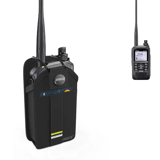 Icom radio secured in AgozTech Rugged Radio Holster with snap closure and reference Icom handheld radio shown on white background
