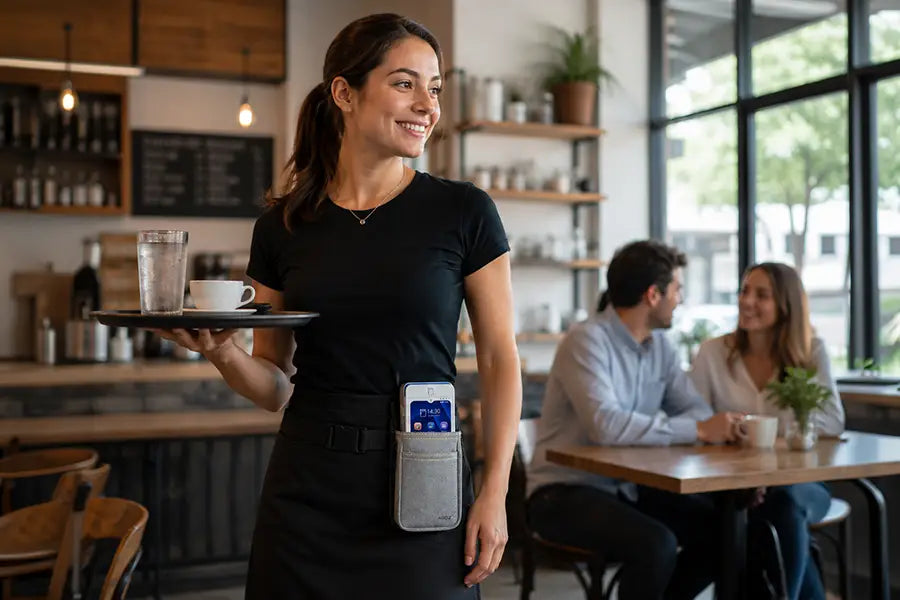 Server wearing Rugged myPOS Payment Terminal Holster with Waist Belt during tableside service