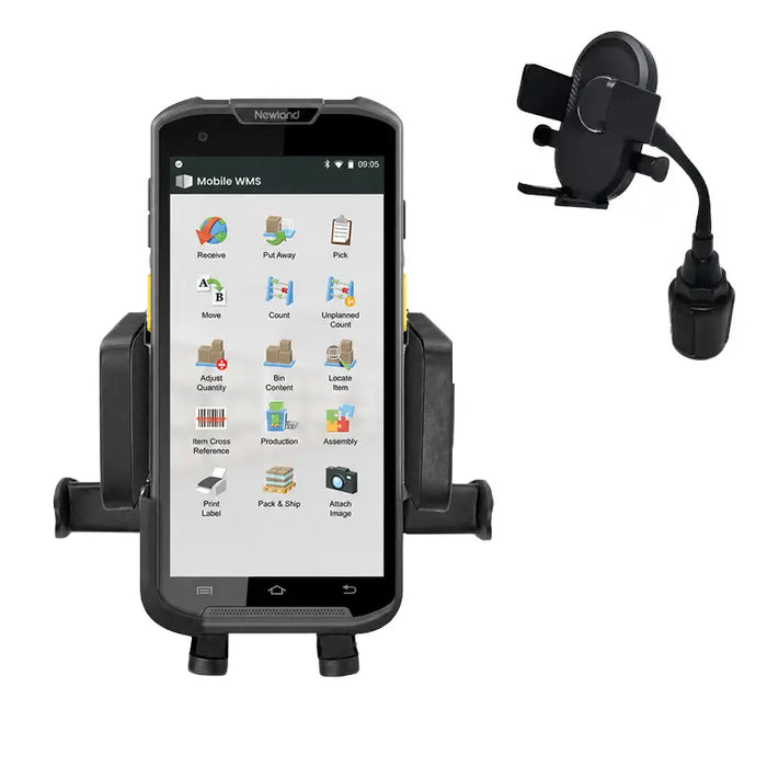 Newland mobile computer in a vehicle cradle holder with cup holder mount attachment shown beside it.