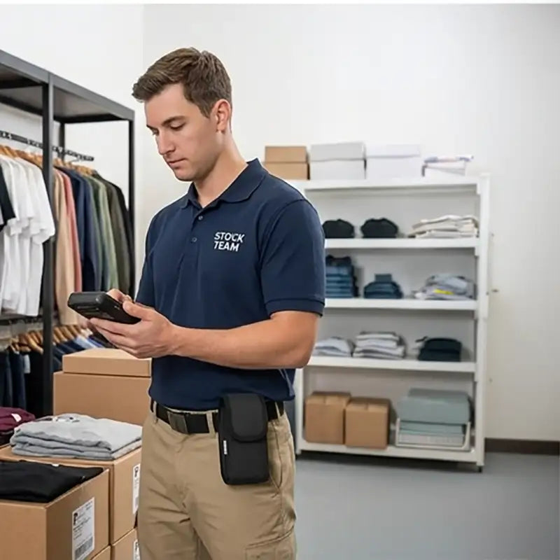 Honeywell mobile computer case with belt clip worn by stock team worker during shift-based inventory tasks.