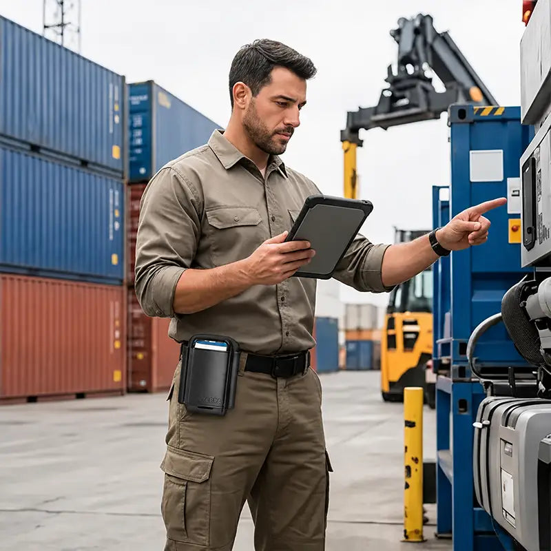 Worker wearing the leather Janam scanner case on a belt while using a tablet in an industrial yard setting.