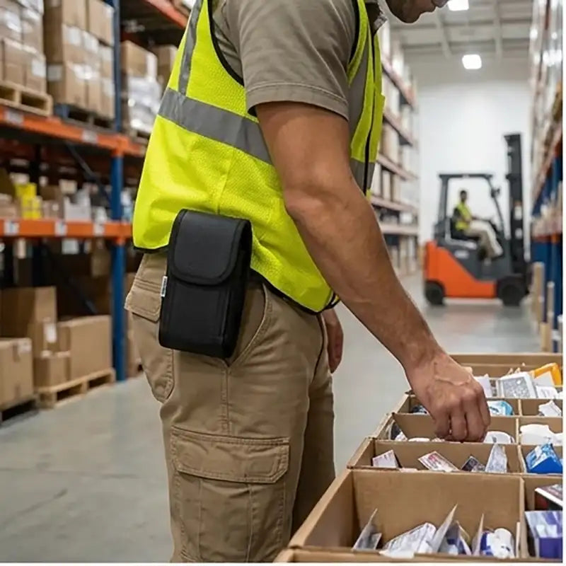 Warehouse worker wearing the rugged Unitech handheld case with belt clip while sorting inventory during shift operations.
