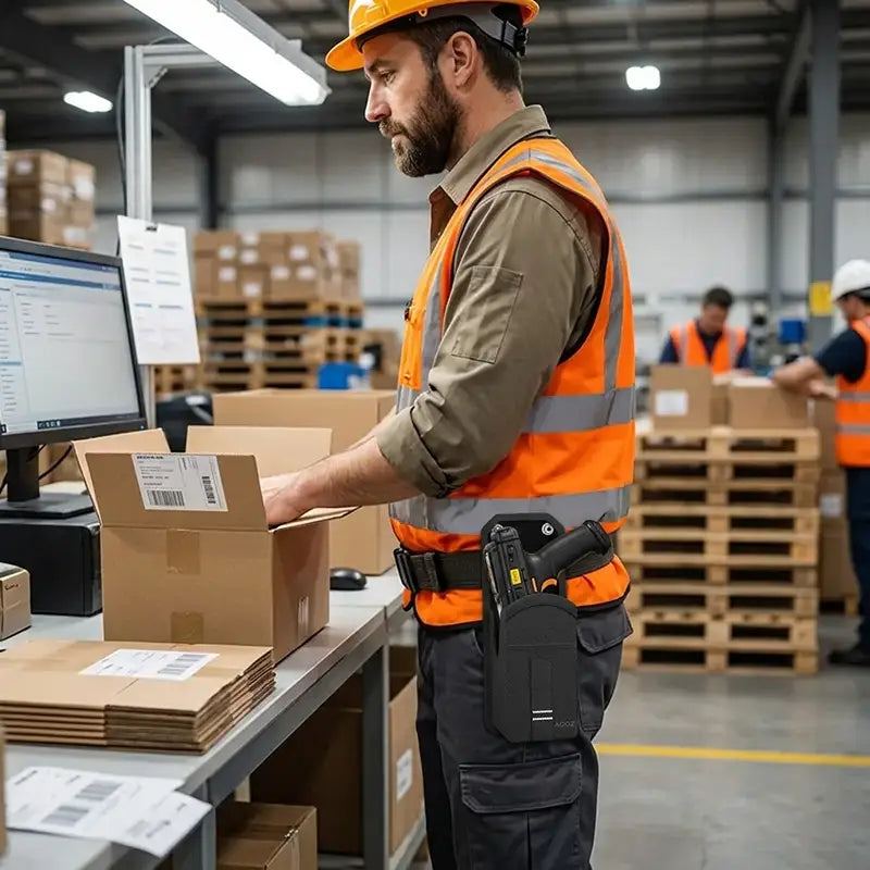 Worker wearing a Unitech HT730UHF waist belt holster while packing orders at a warehouse workstation during RFID inventory control tasks.