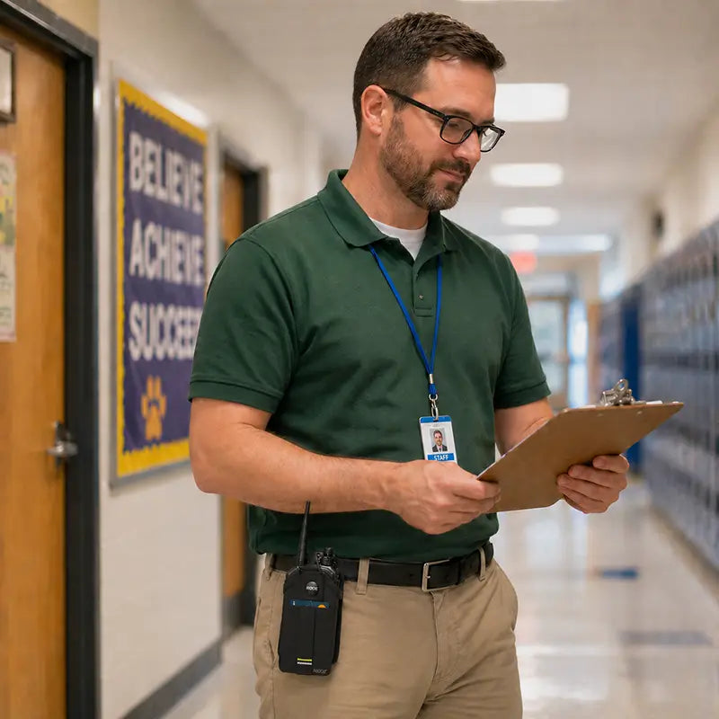 School staff member wearing AgozTech Icom Radio Holster on waist belt while checking clipboard in hallway
