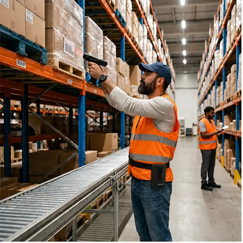 Warehouse worker scanning high-shelf inventory with a handheld barcode scanner while wearing an AgozTech belt holster for scanner carry.