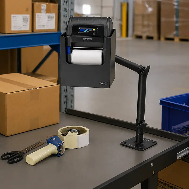 Citizen mobile printer arm mount installed on a work cart at a warehouse packing station