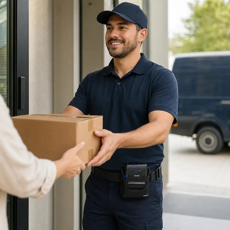 Delivery worker wearing an Agoz Citizen mobile printer belt while handing a package to a customer