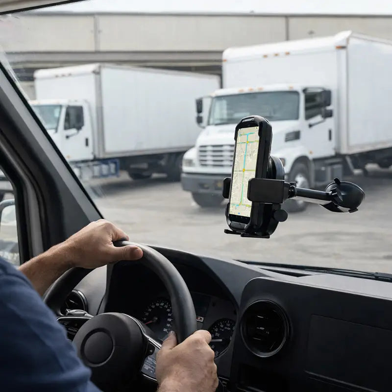 Cipherlab mobile scanner secured in an AgozTech windshield cradle mount inside a commercial vehicle dashboard.