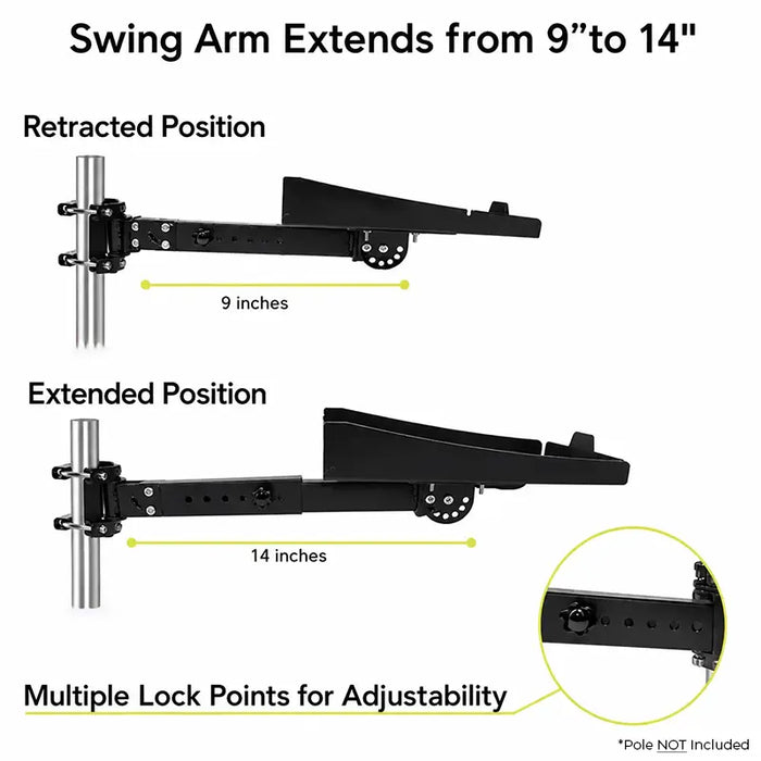 Agoz printer pole mount swing arm extension diagram showing retracted 9-inch position and extended 14-inch position.