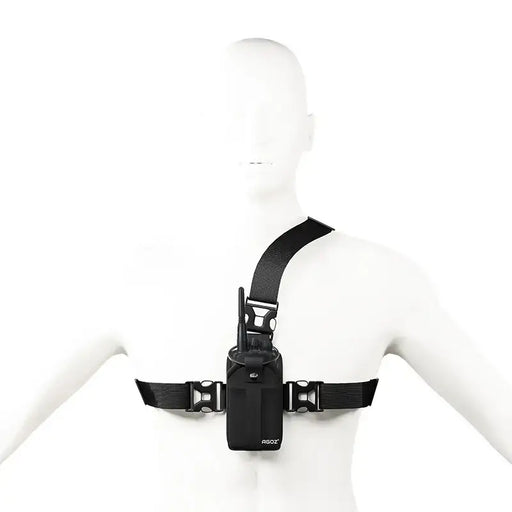 Chest harness radio pouch displayed on mannequin with front strap and side buckles