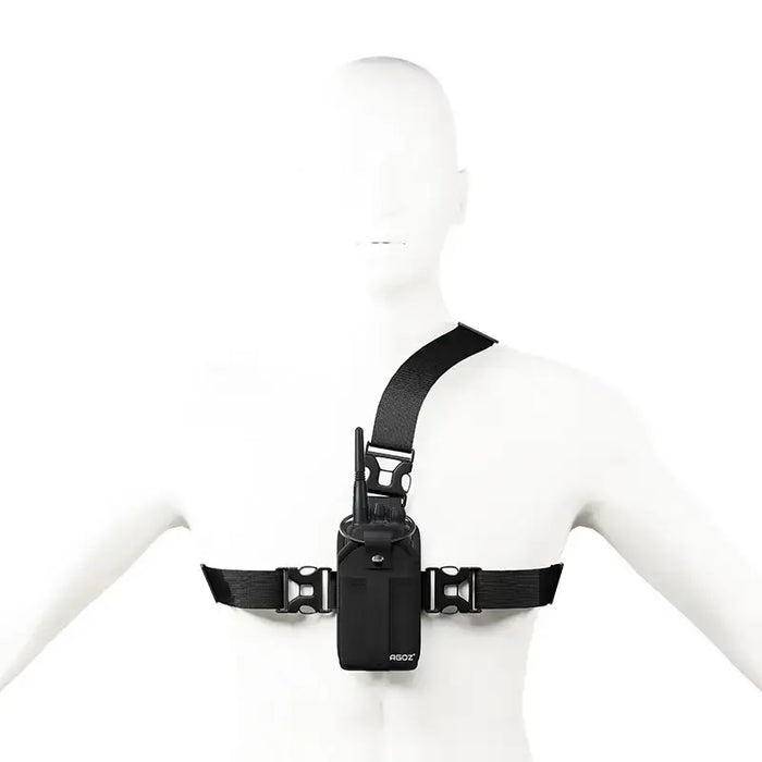 Chest harness radio pouch displayed on mannequin with front strap and side buckles