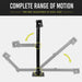 Adjustable arm mount infographic showing complete range of motion and two-way adjustment at each joint