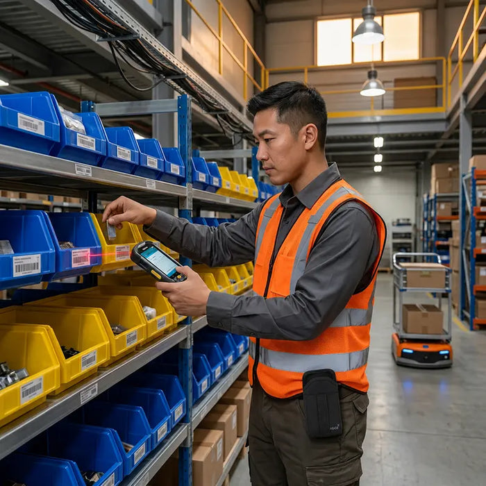 Warehouse worker wearing an AgozTech scanner holster with secure card slot while scanning inventory bins with a Zebra handheld computer.