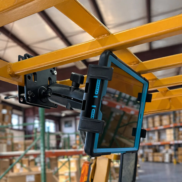 AGOZ iPad Tablet Mount Holder for Forklifts mounted under the overhead guard with a tablet secured in the cradle.