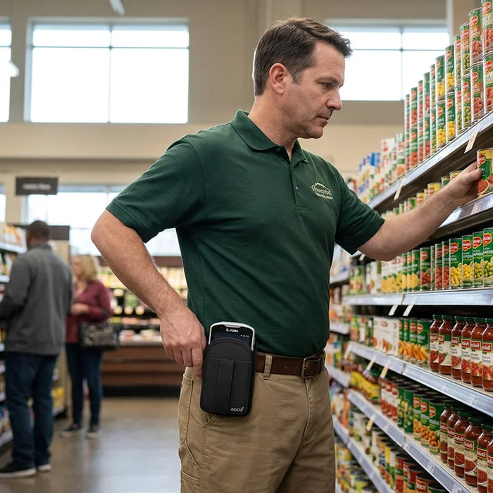 Retail worker using AgozTech holster case with Zebra TC52 & TC52X handheld mobile computer in store aisle