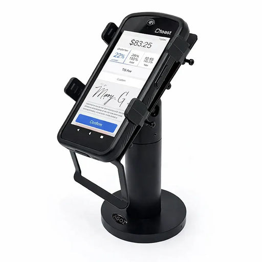 Toast Go 2 handheld POS terminal mounted on AgozTech swivel and tilt countertop stand in black