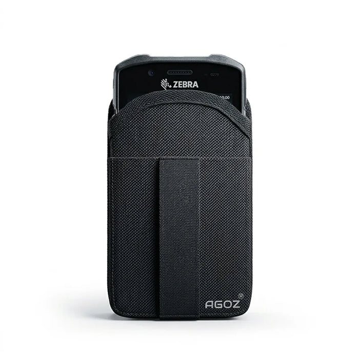 AgozTech black holster case holding Zebra TC58 TC58e  handheld mobile computer, front view