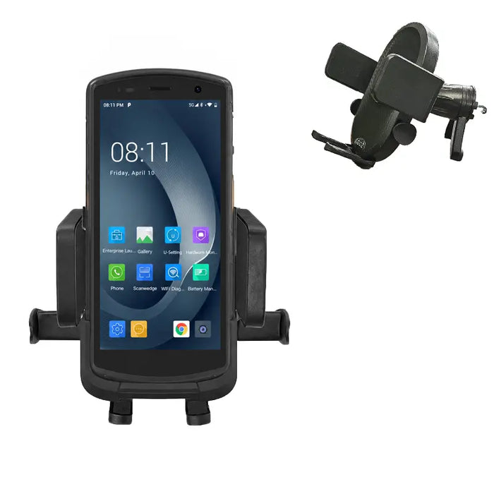 Urovo mobile computer in a vehicle cradle holder with air vent mount attachment shown beside it.