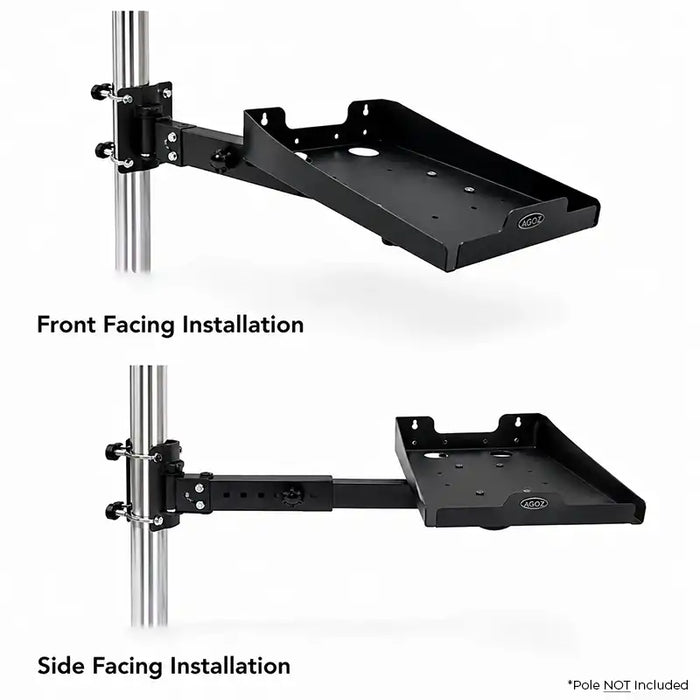 Agoz Star Micronics printer tray pole mount shown in front-facing and side-facing installation positions.