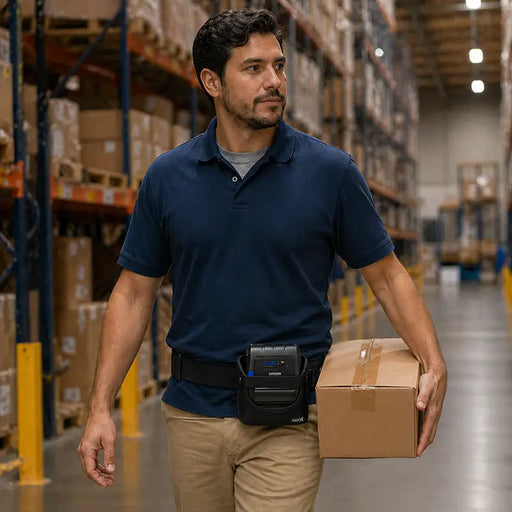 Warehouse worker wearing an Agoz Citizen mobile printer belt while carrying a package in a logistics center