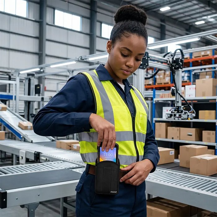 Warehouse worker inserting Zebra TC58 TC58e mobile computer into AgozTech holster case